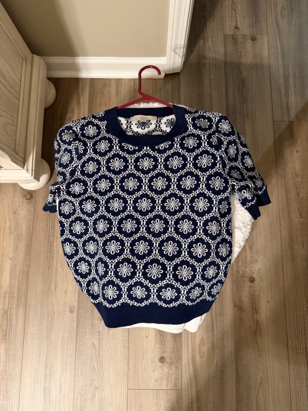 LOFT Navy and White Floral Medallion Knit Top